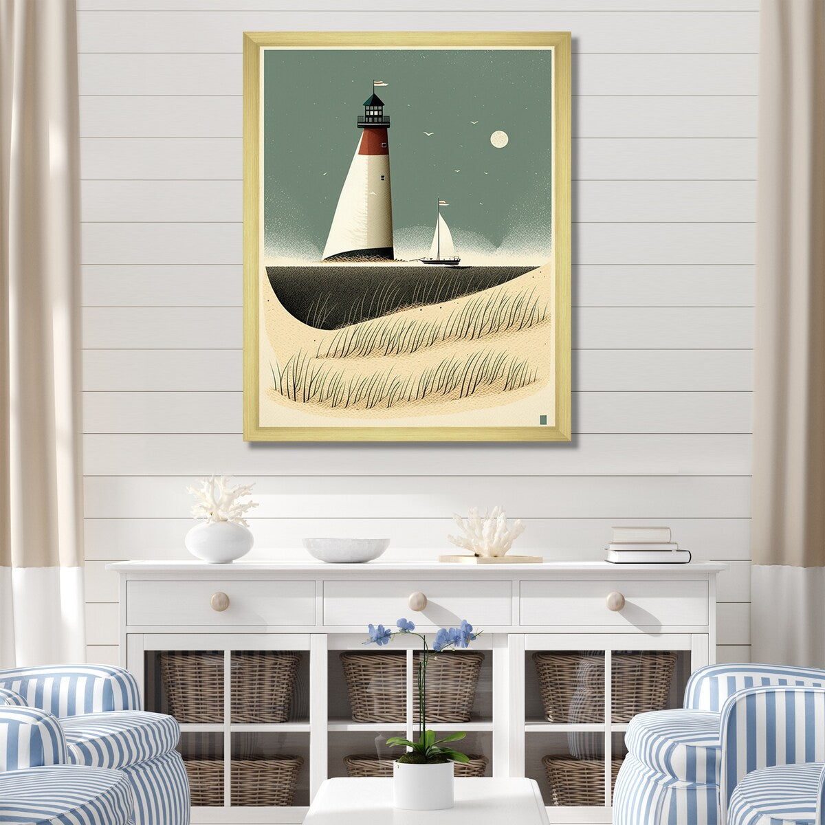 Designart " Light House Full Moon Vintage Beach Illustration" Beach Framed Canvas Prints