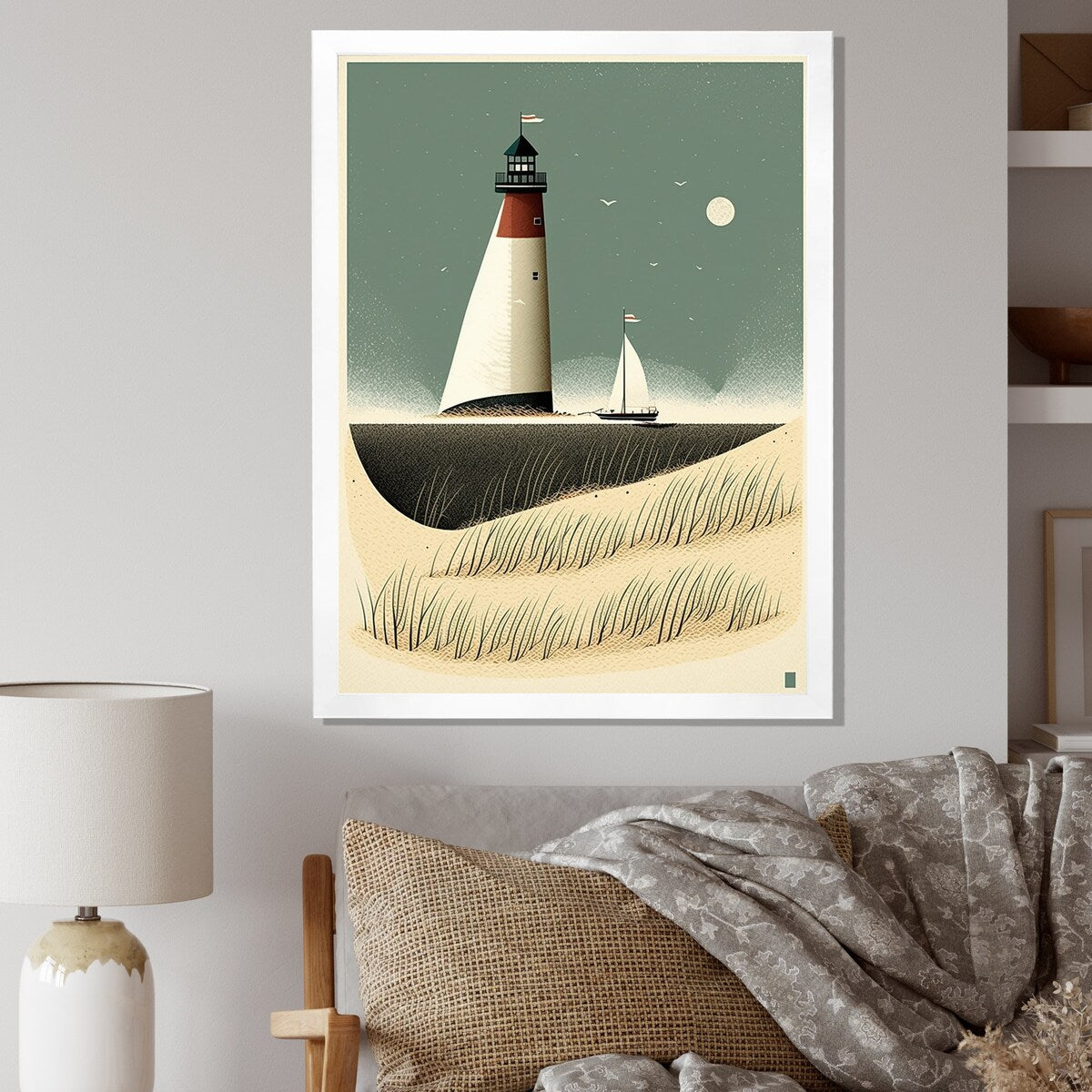 Designart " Light House Full Moon Vintage Beach Illustration" Beach Framed Canvas Prints