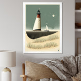 Designart " Light House Full Moon Vintage Beach Illustration" Beach Framed Canvas Prints