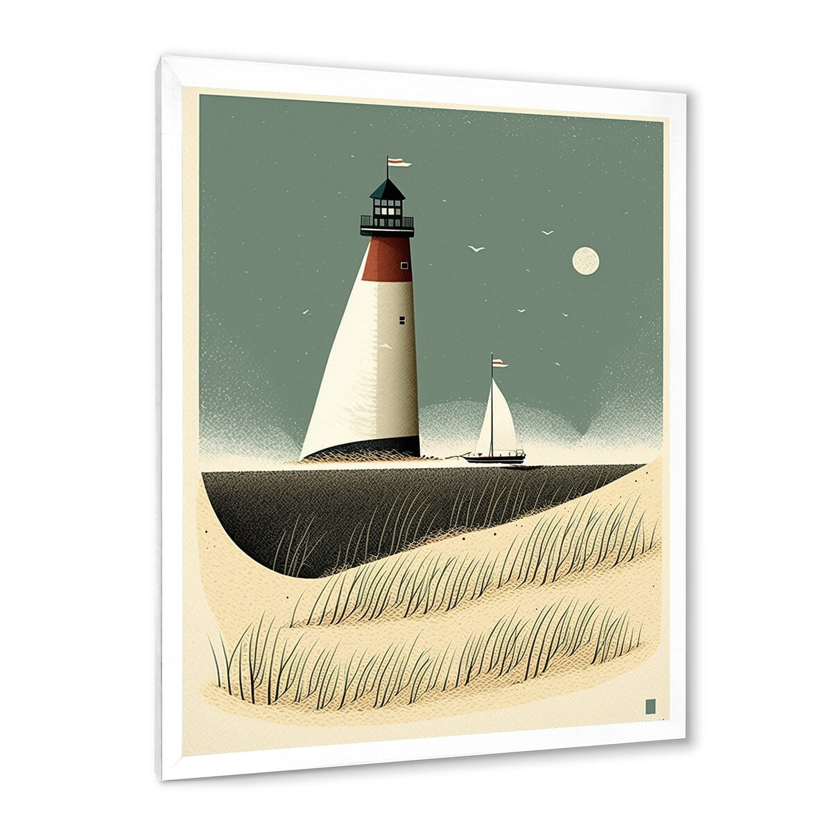 Designart " Light House Full Moon Vintage Beach Illustration" Beach Framed Canvas Prints