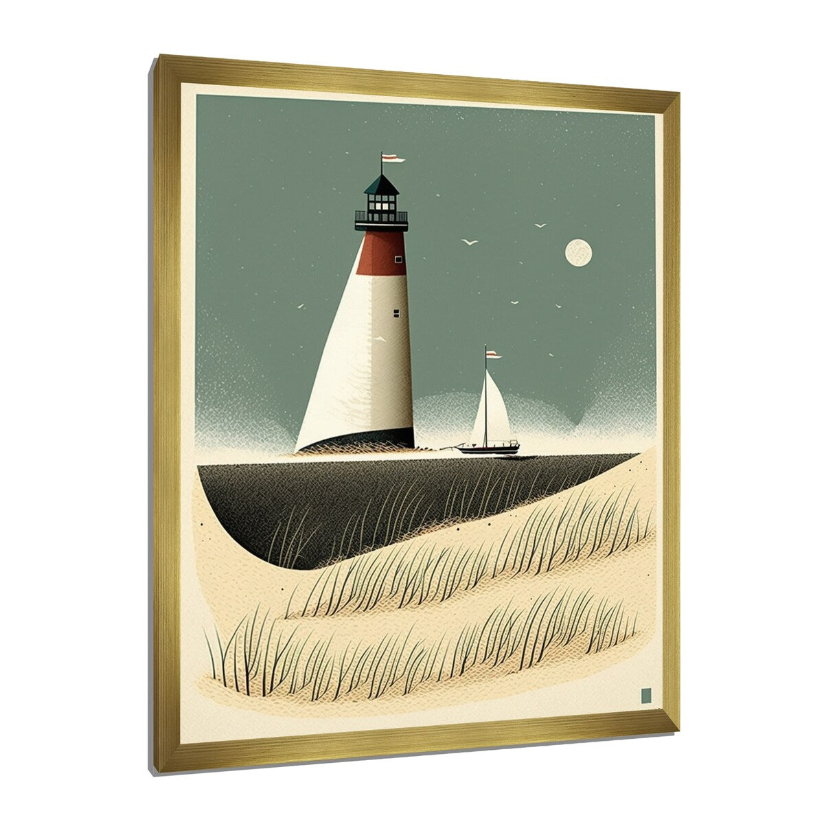 Designart " Light House Full Moon Vintage Beach Illustration" Beach Framed Canvas Prints