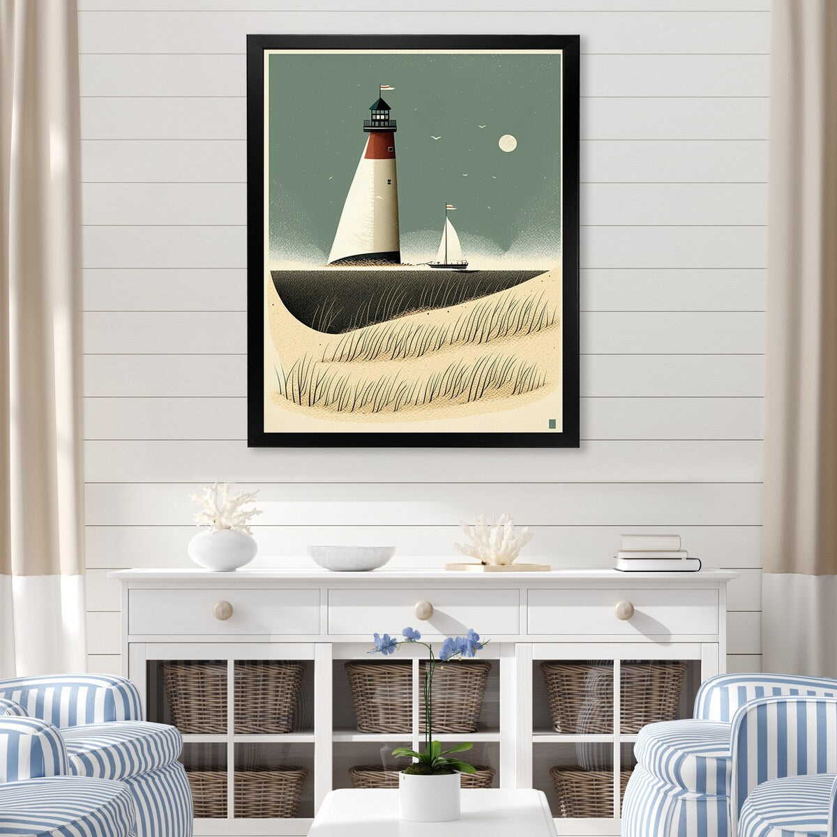 Designart " Light House Full Moon Vintage Beach Illustration" Beach Framed Canvas Prints