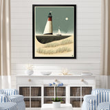 Designart " Light House Full Moon Vintage Beach Illustration" Beach Framed Canvas Prints