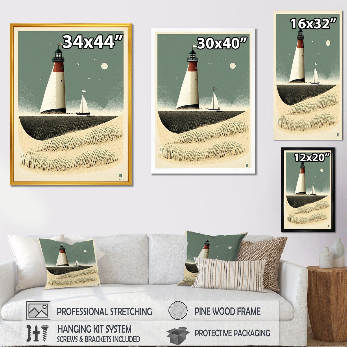 Designart " Light House Full Moon Vintage Beach Illustration" Beach Framed Canvas Prints