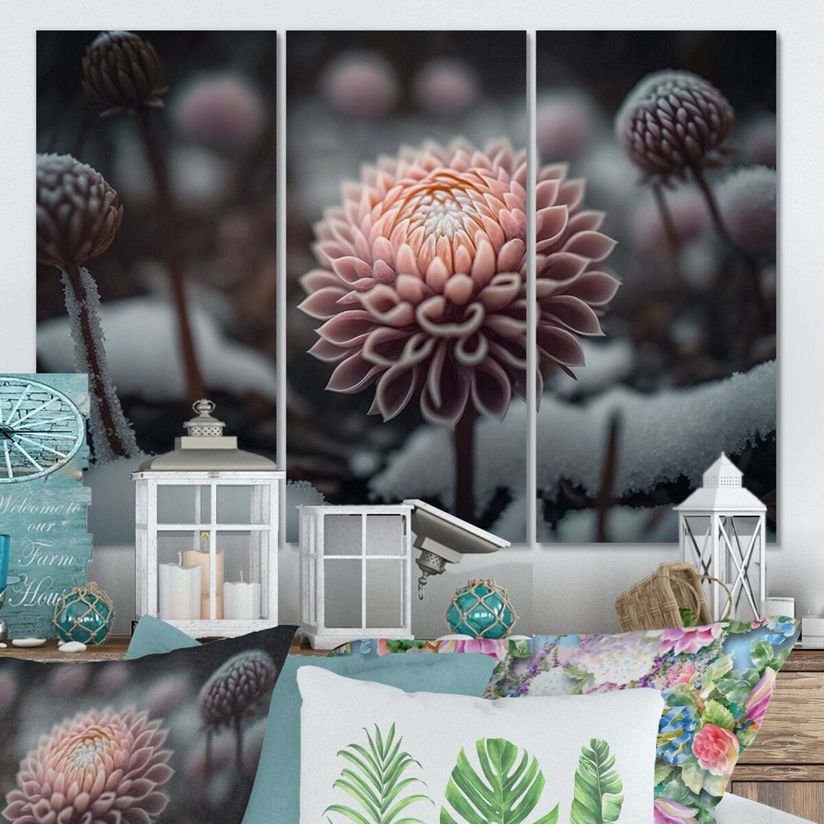 Designart "A Blooming Pink Dahlia Flower In Winter II" Floral Dahlia Canvas Art Print - 3 Panels