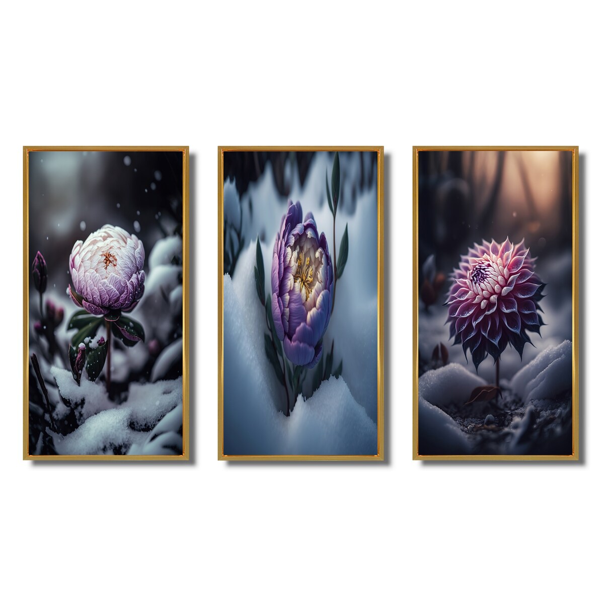 Designart "A Blooming Puple Peony Flower In Winter II" Floral & Botanical Frame Gallery Set Of 3 For Office Decor