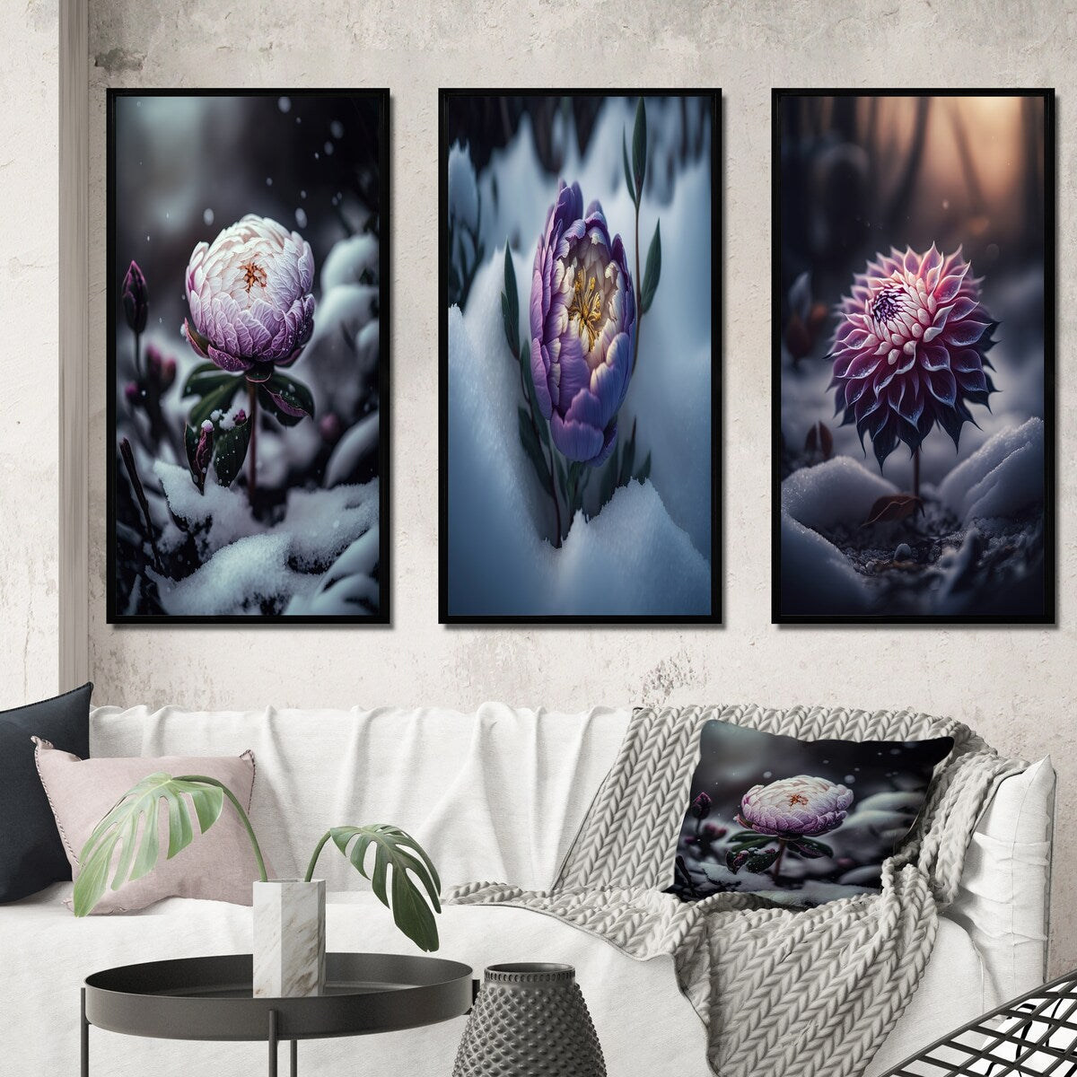 Designart "A Blooming Puple Peony Flower In Winter II" Floral & Botanical Frame Gallery Set Of 3 For Office Decor