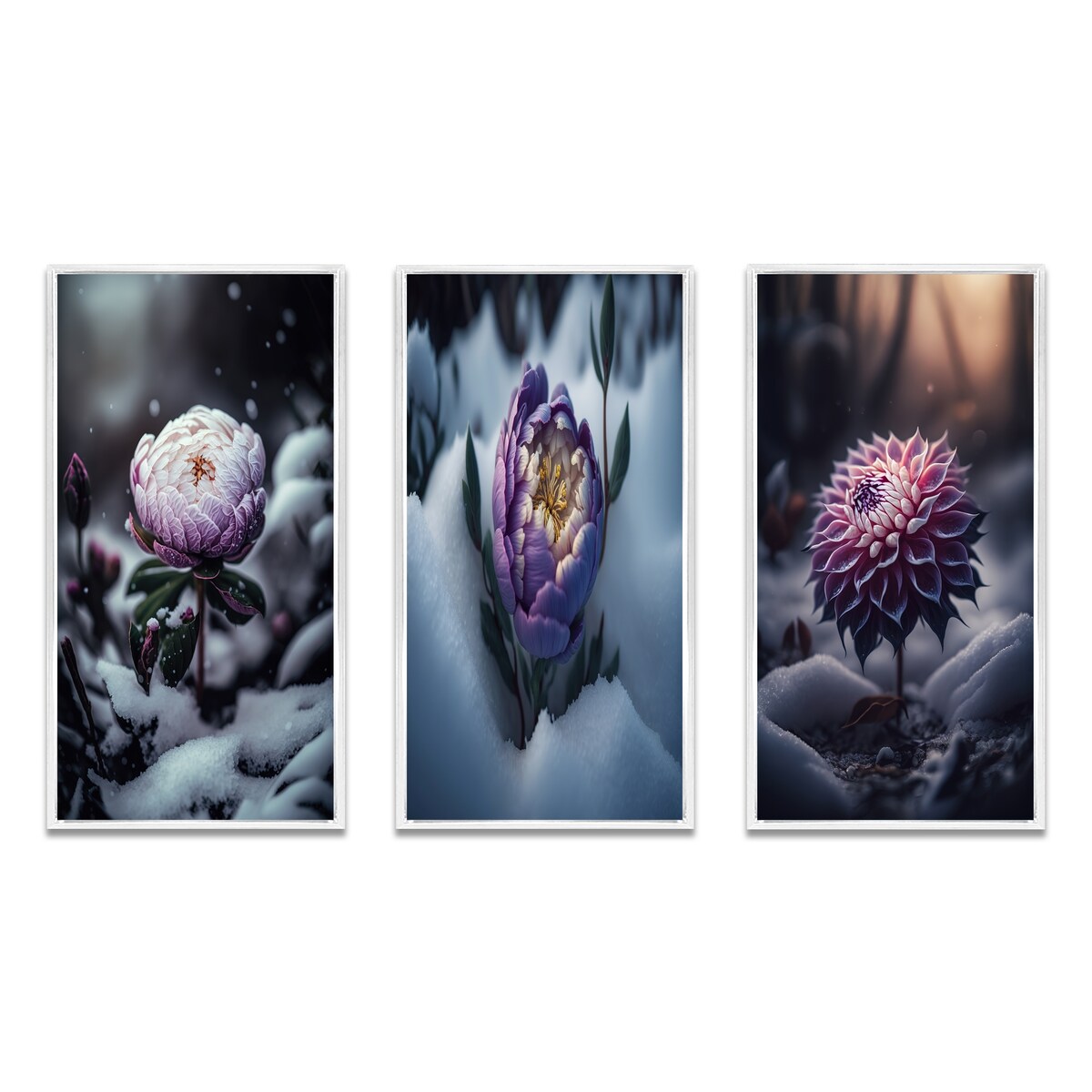 Designart "A Blooming Puple Peony Flower In Winter II" Floral & Botanical Frame Gallery Set Of 3 For Office Decor