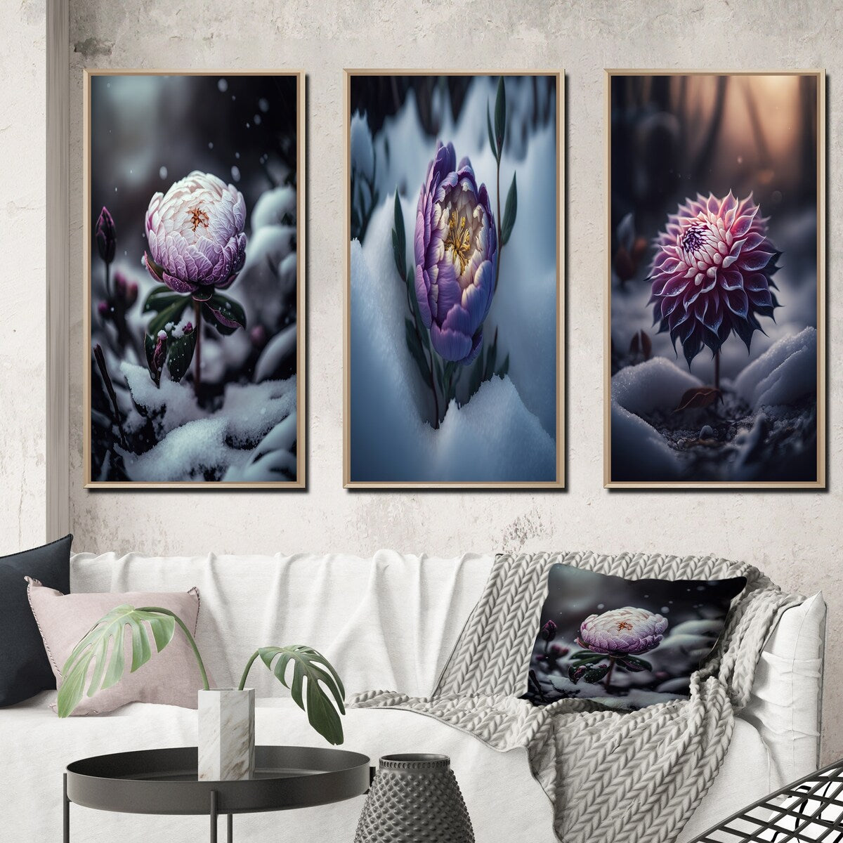 Designart "A Blooming Puple Peony Flower In Winter II" Floral & Botanical Frame Gallery Set Of 3 For Office Decor