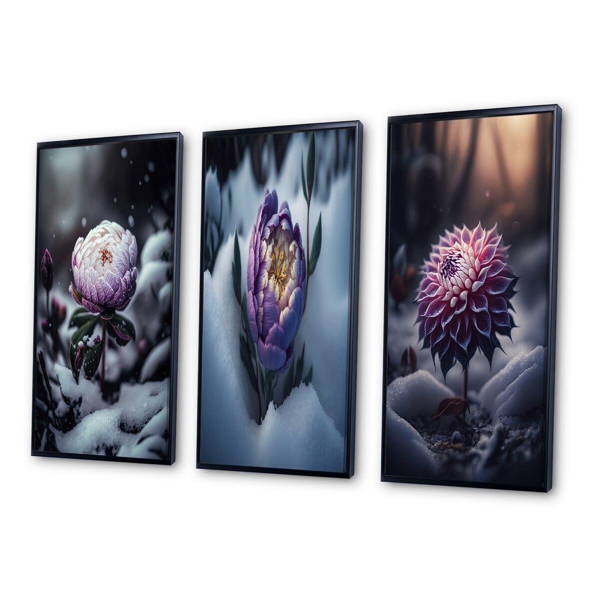 Designart "A Blooming Puple Peony Flower In Winter II" Floral & Botanical Frame Gallery Set Of 3 For Office Decor