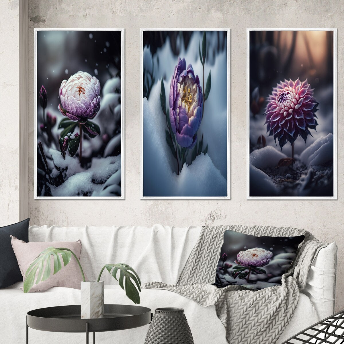Designart "A Blooming Puple Peony Flower In Winter II" Floral & Botanical Frame Gallery Set Of 3 For Office Decor