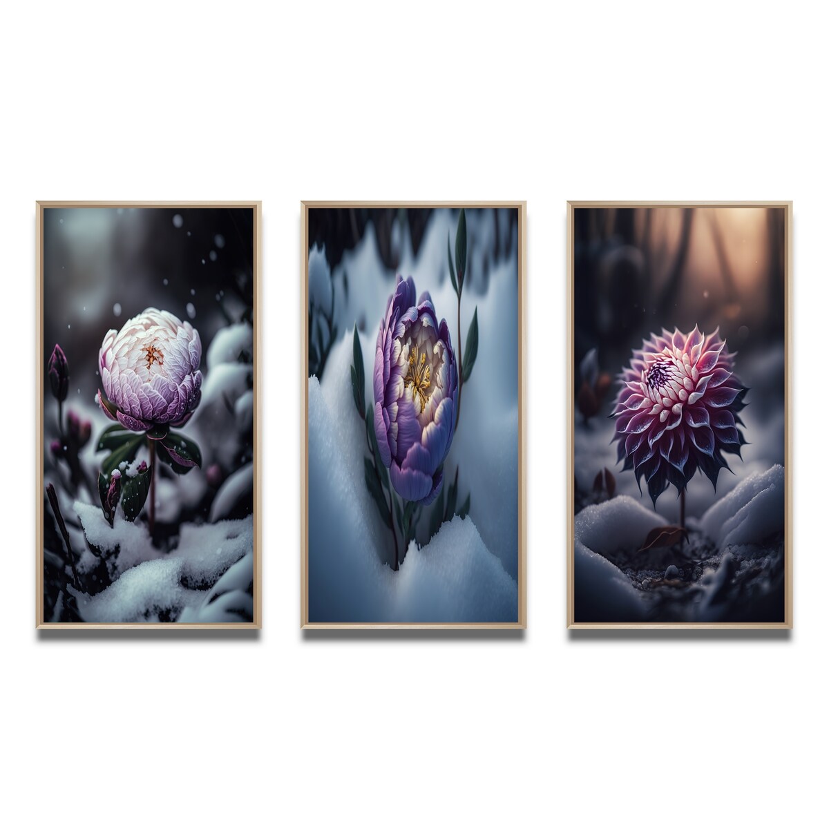 Designart "A Blooming Puple Peony Flower In Winter II" Floral & Botanical Frame Gallery Set Of 3 For Office Decor