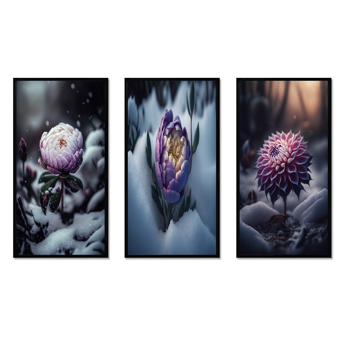 Designart "A Blooming Puple Peony Flower In Winter II" Floral & Botanical Frame Gallery Set Of 3 For Office Decor