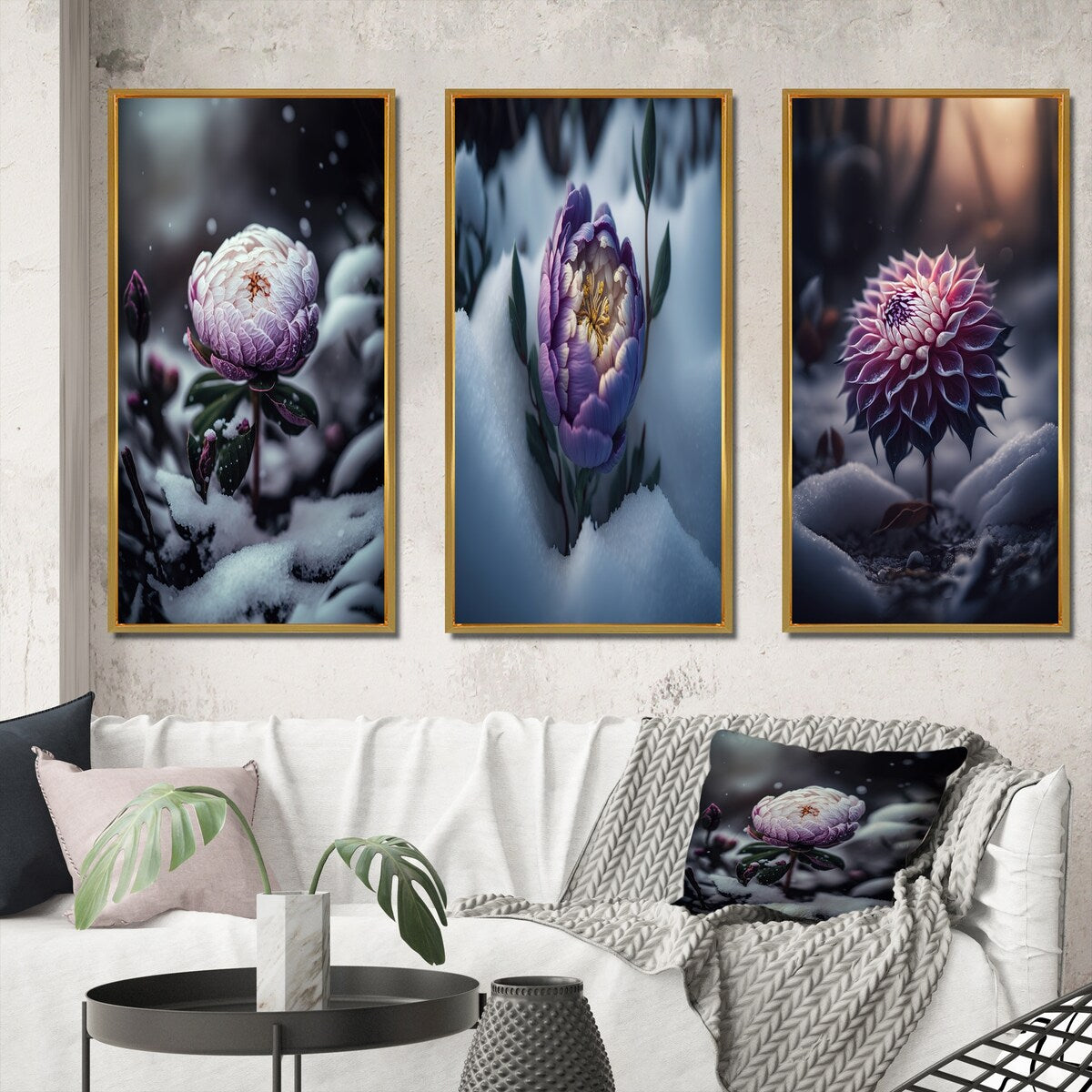 Designart "A Blooming Puple Peony Flower In Winter II" Floral & Botanical Frame Gallery Set Of 3 For Office Decor