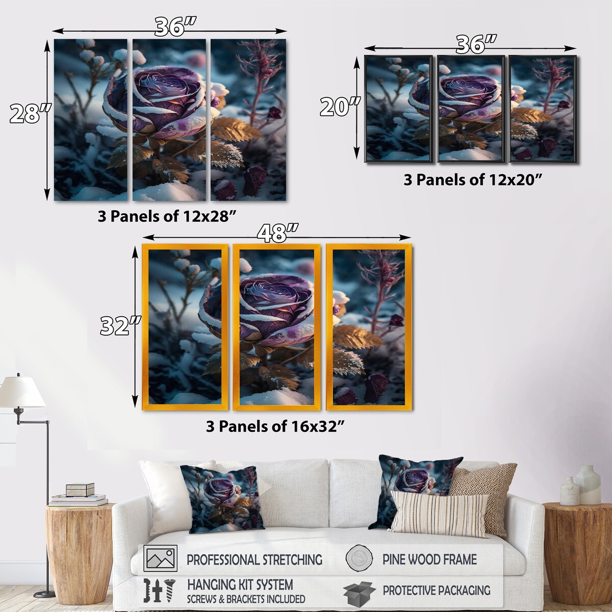 Designart "A Blooming Purple Roses Flower In Winter" Floral Lily Canvas Art Print - 3 Panels