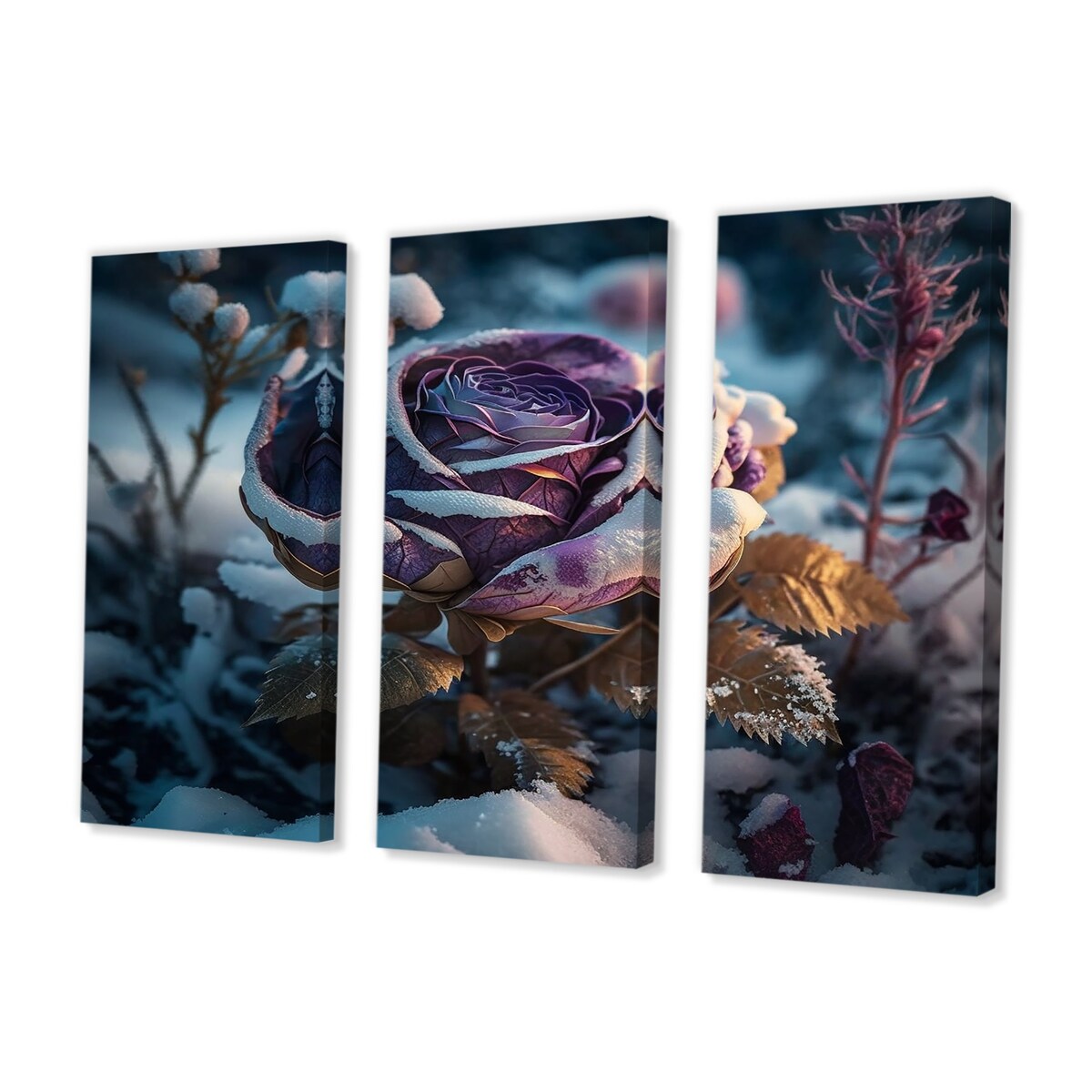 Designart "A Blooming Purple Roses Flower In Winter" Floral Lily Canvas Art Print - 3 Panels