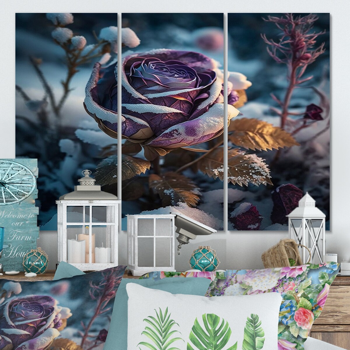 Designart "A Blooming Purple Roses Flower In Winter" Floral Lily Canvas Art Print - 3 Panels