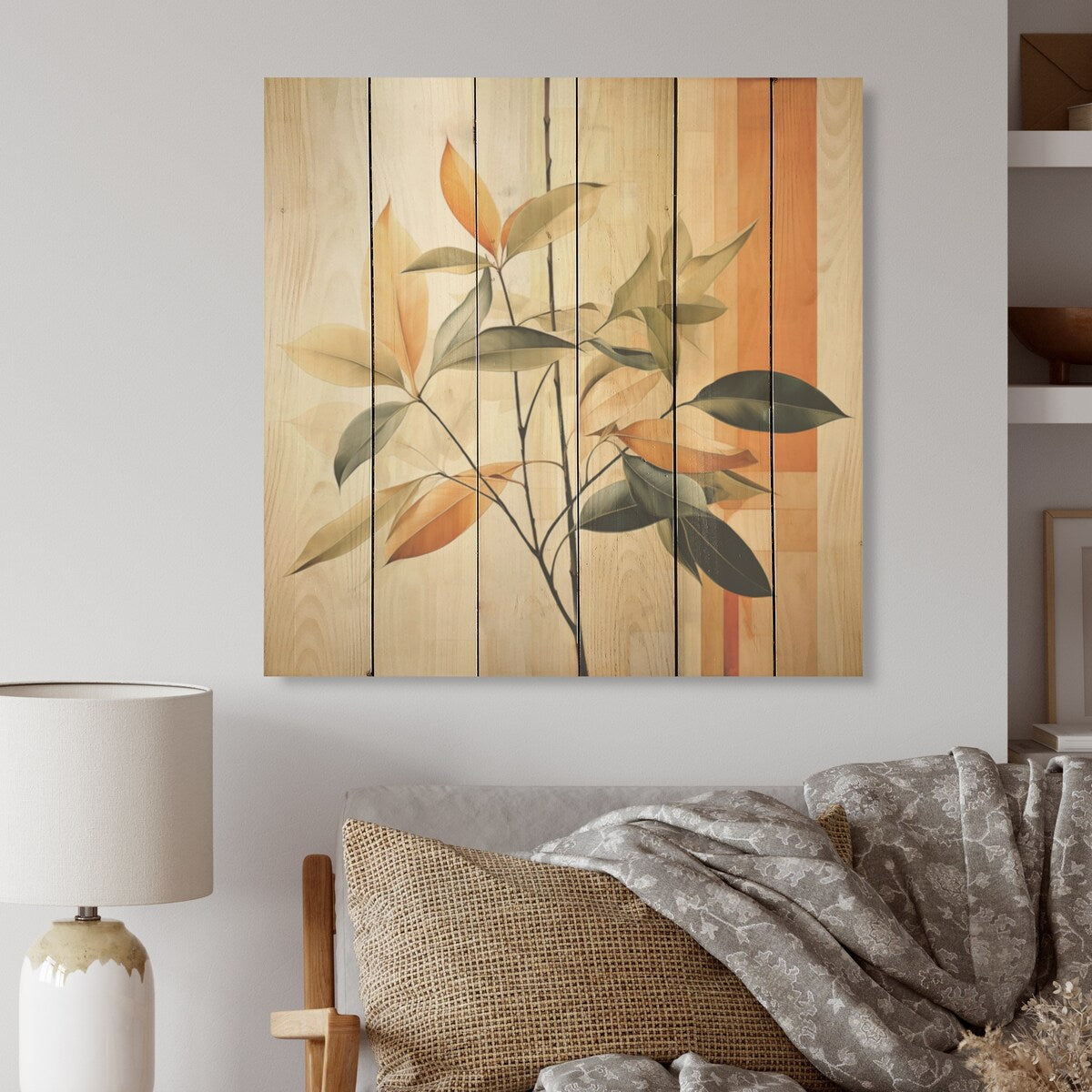 Designart "Abstract Apricot Leaves Collage" Leaves Wood Wall Decor Traditional Orange Wood Panel On Natural Pine Wood