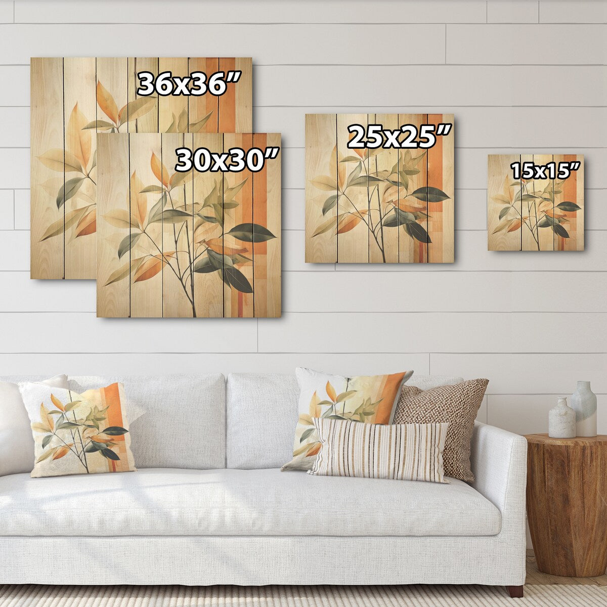 Designart "Abstract Apricot Leaves Collage" Leaves Wood Wall Decor Traditional Orange Wood Panel On Natural Pine Wood