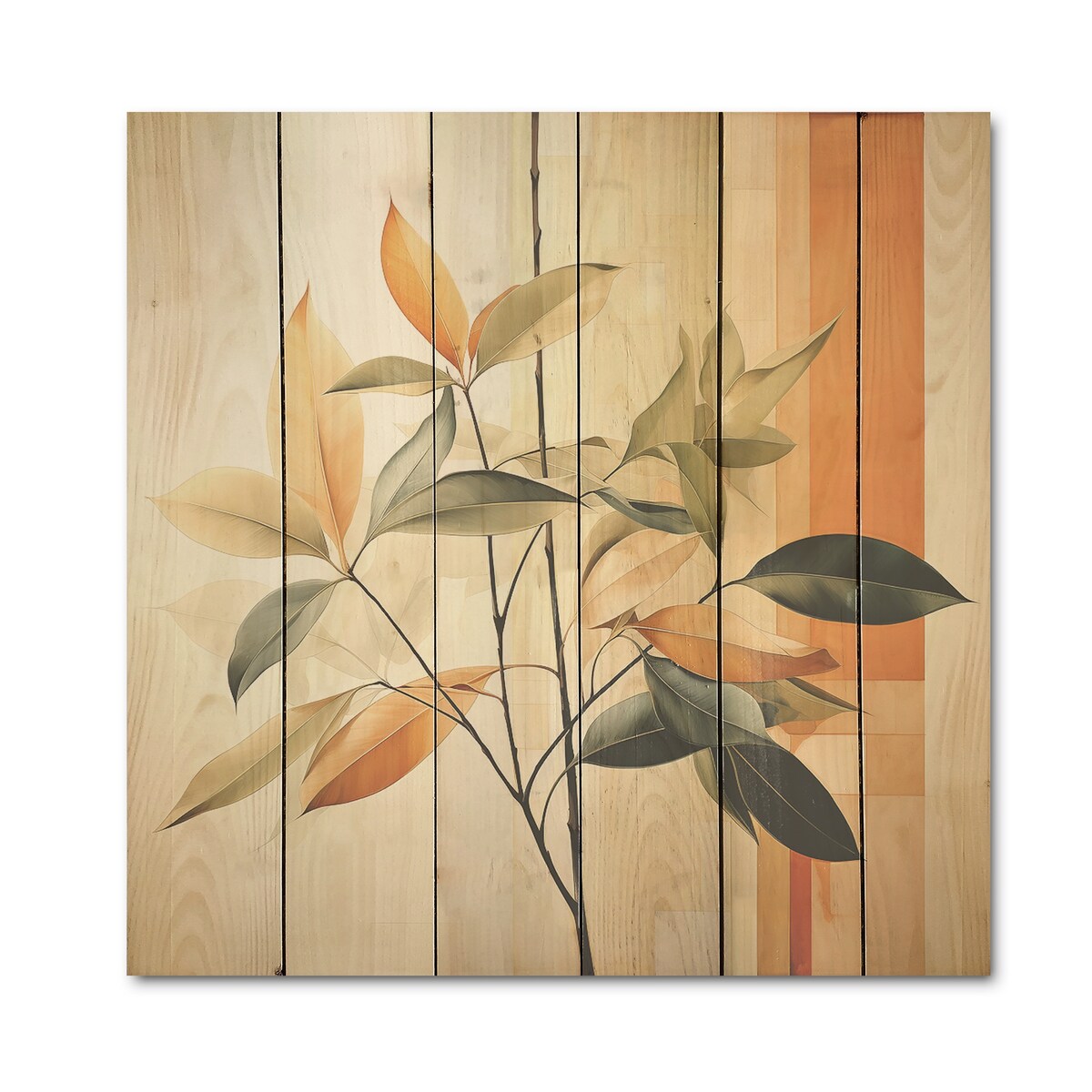 Designart "Abstract Apricot Leaves Collage" Leaves Wood Wall Decor Traditional Orange Wood Panel On Natural Pine Wood