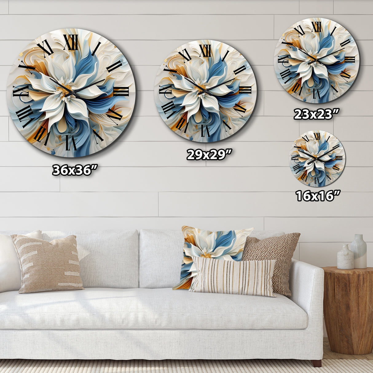 Designart "Abstract Blooming Magnolia White Amber Blue" Flowers Oversized Wall Clock