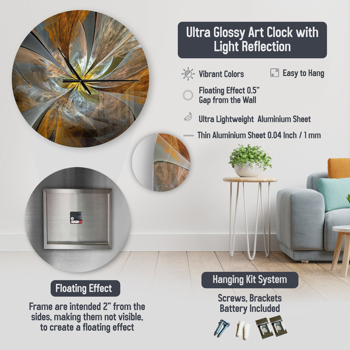 Designart "Abstract Blooming Magnolia White Amber Blue" Flowers Oversized Wall Clock