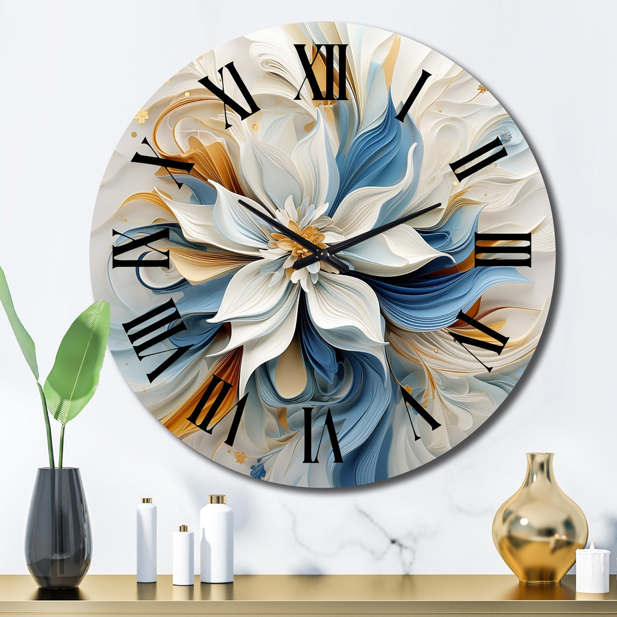 Designart "Abstract Blooming Magnolia White Amber Blue" Flowers Oversized Wall Clock