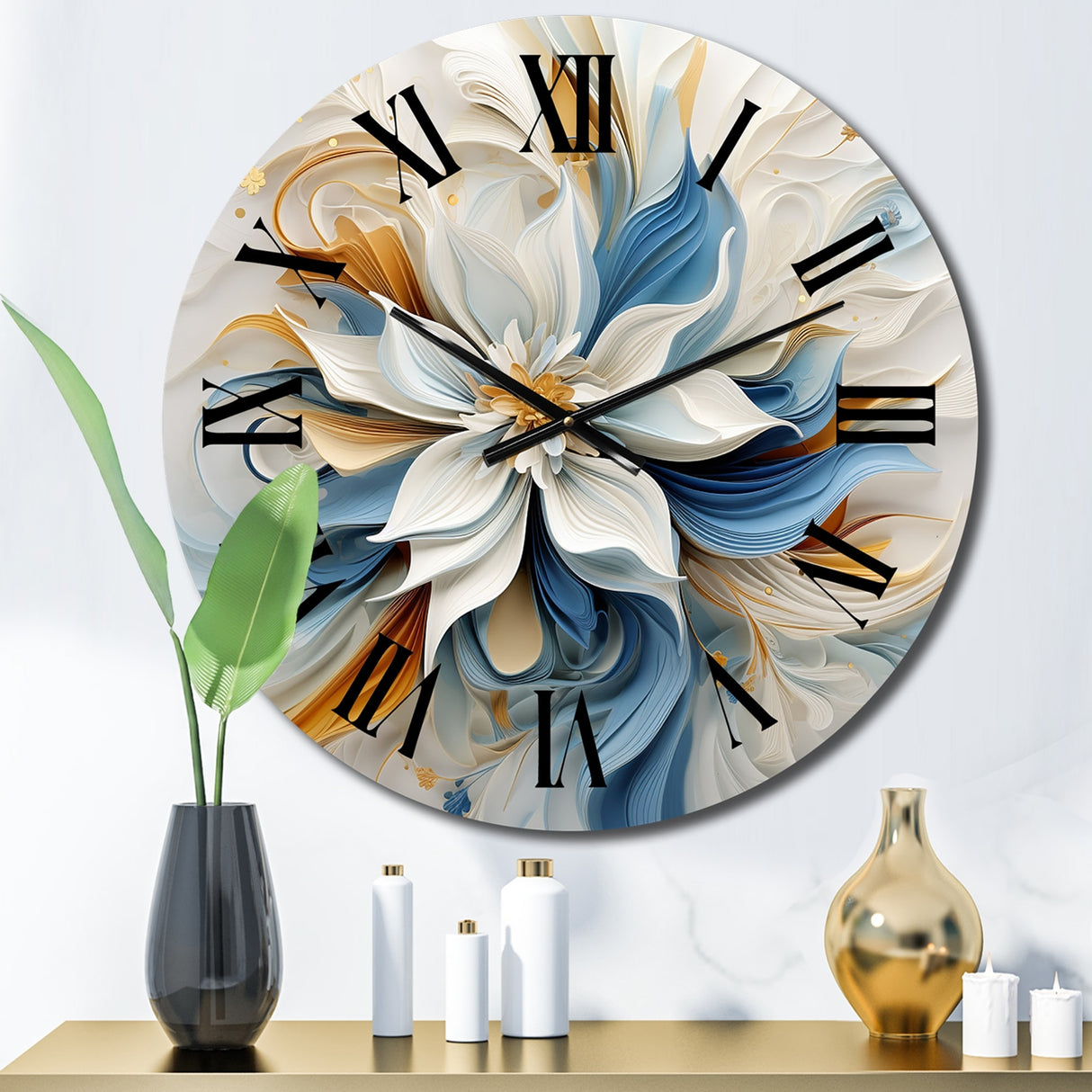 Designart "Abstract Blooming Magnolia White Amber Blue" Flowers Oversized Wall Clock