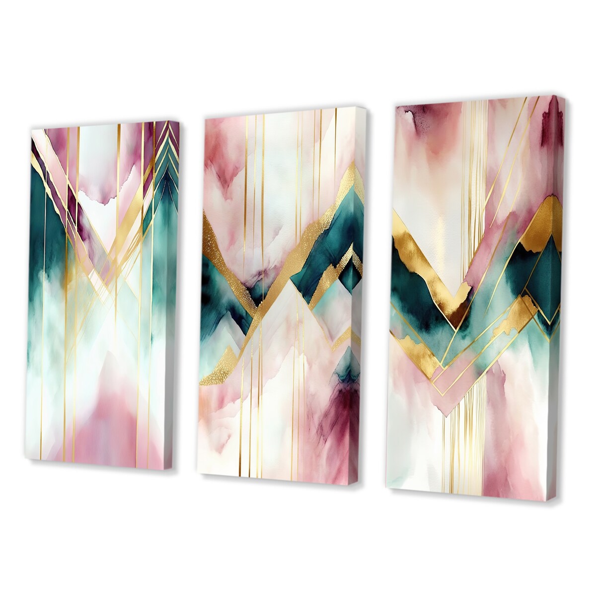 Designart "Abstract Geode Geometric Pink And Green I" Animals Wall Art Set Of 3 - Modern Gallery Wall Set For Home Decor