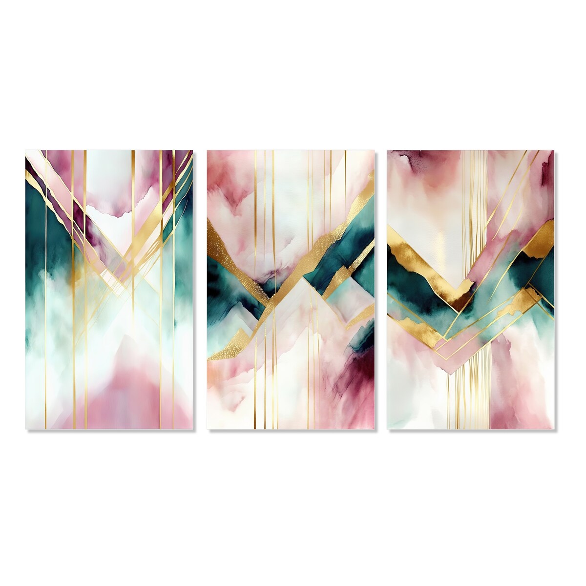 Designart "Abstract Geode Geometric Pink And Green I" Animals Wall Art Set Of 3 - Modern Gallery Wall Set For Home Decor