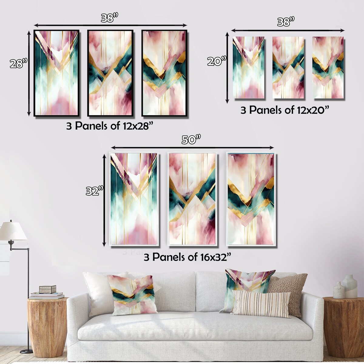 Designart "Abstract Geode Geometric Pink And Green I" Animals Wall Art Set Of 3 - Modern Gallery Wall Set For Home Decor