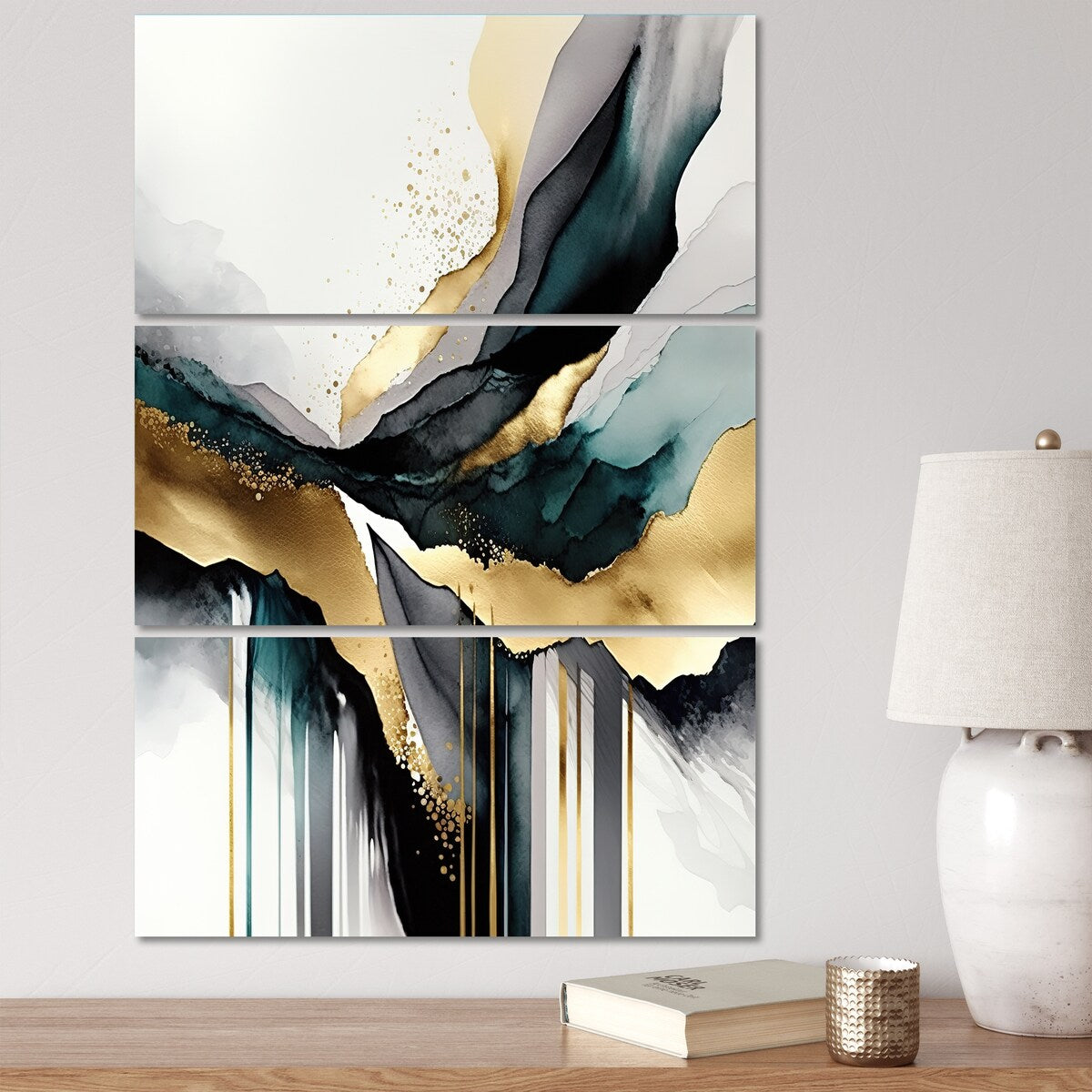 Designart "Abstract Geode Marble White And Gold IV" Abstract Marble Canvas Art Print - 3 Panels