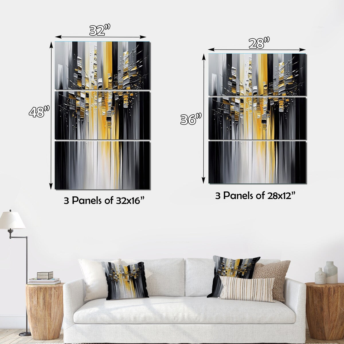 Designart "Abstract Geometric Black And Yellow I" Modern Geometric Canvas Art Print - 3 Panels
