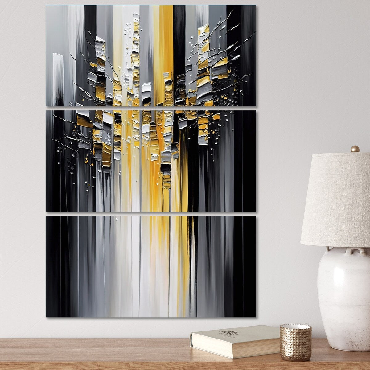 Designart "Abstract Geometric Black And Yellow I" Modern Geometric Canvas Art Print - 3 Panels