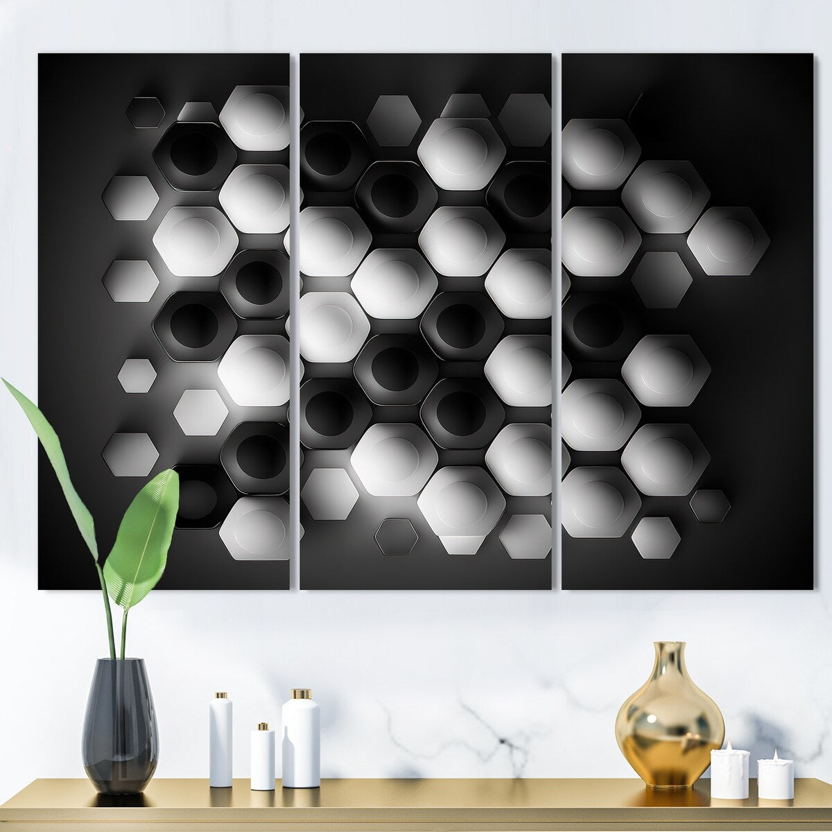 Designart "Abstract Geomtric Black And White III" Modern Geometric Canvas Art Print - 3 Panels