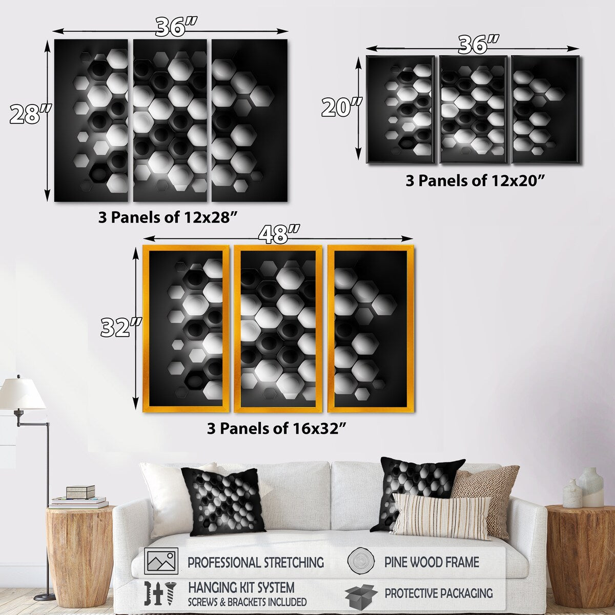 Designart "Abstract Geomtric Black And White III" Modern Geometric Canvas Art Print - 3 Panels