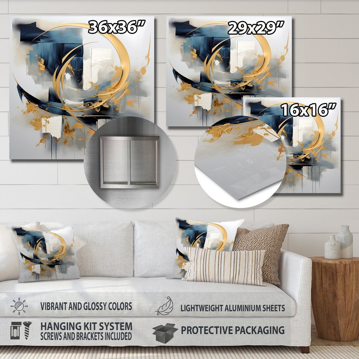 Designart "Abstract Golden Blue Whirls Of Serenity III" Fractal Print Gold Metal Wall Art - Modern Metal Art Work