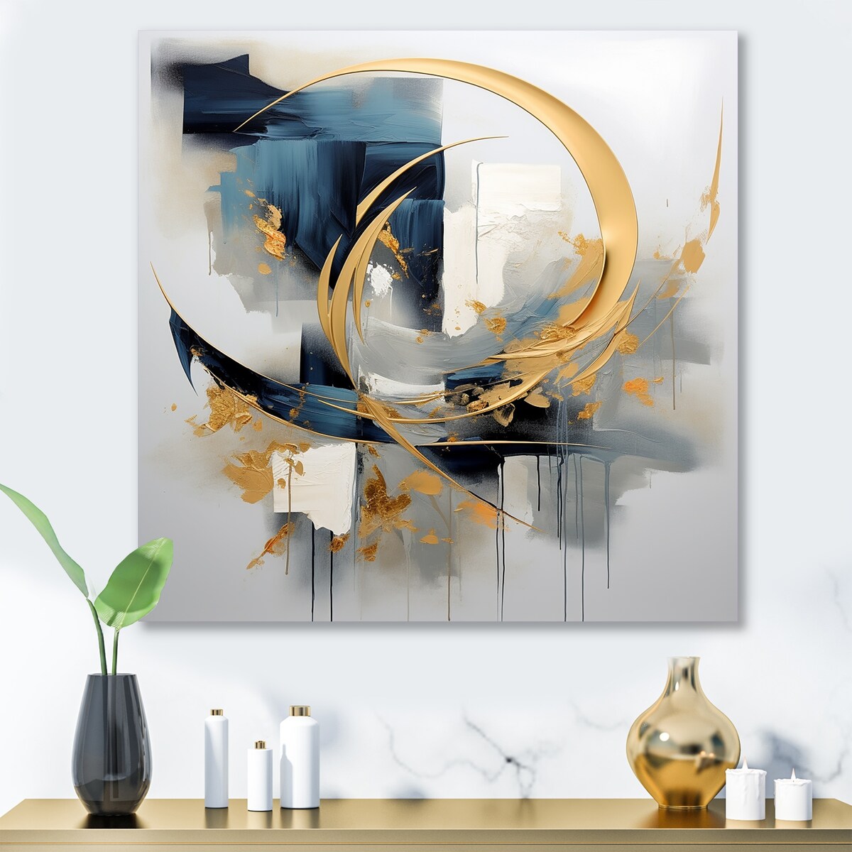Designart "Abstract Golden Blue Whirls Of Serenity III" Fractal Print Gold Metal Wall Art - Modern Metal Art Work