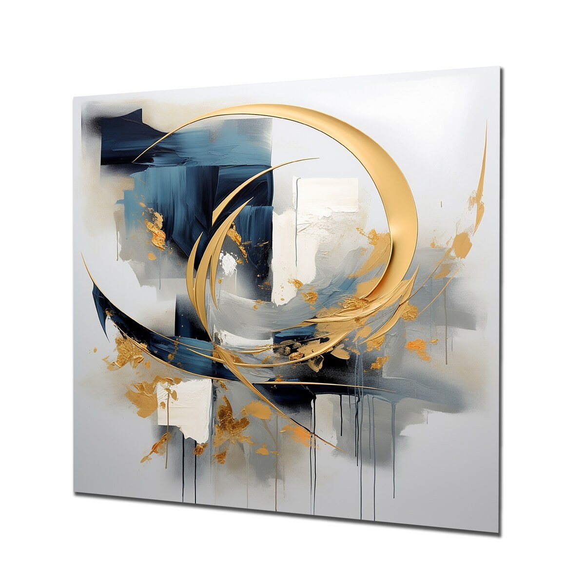 Designart "Abstract Golden Blue Whirls Of Serenity III" Fractal Print Gold Metal Wall Art - Modern Metal Art Work