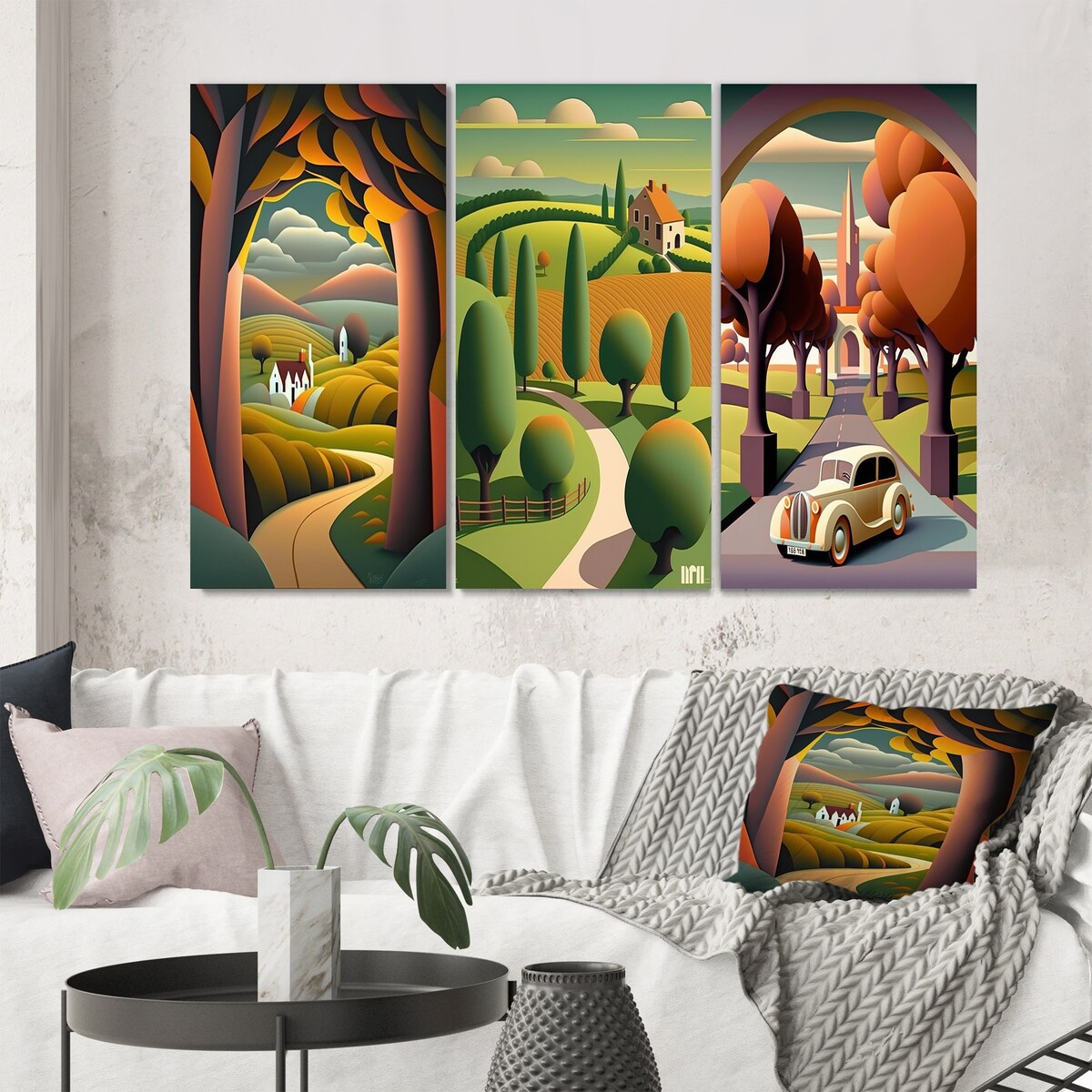 Designart "Abstract Landscape Of Road To Rustic Mountains I" Abstract Landscape Orange Printed Art Set Of 3 For Bedroom