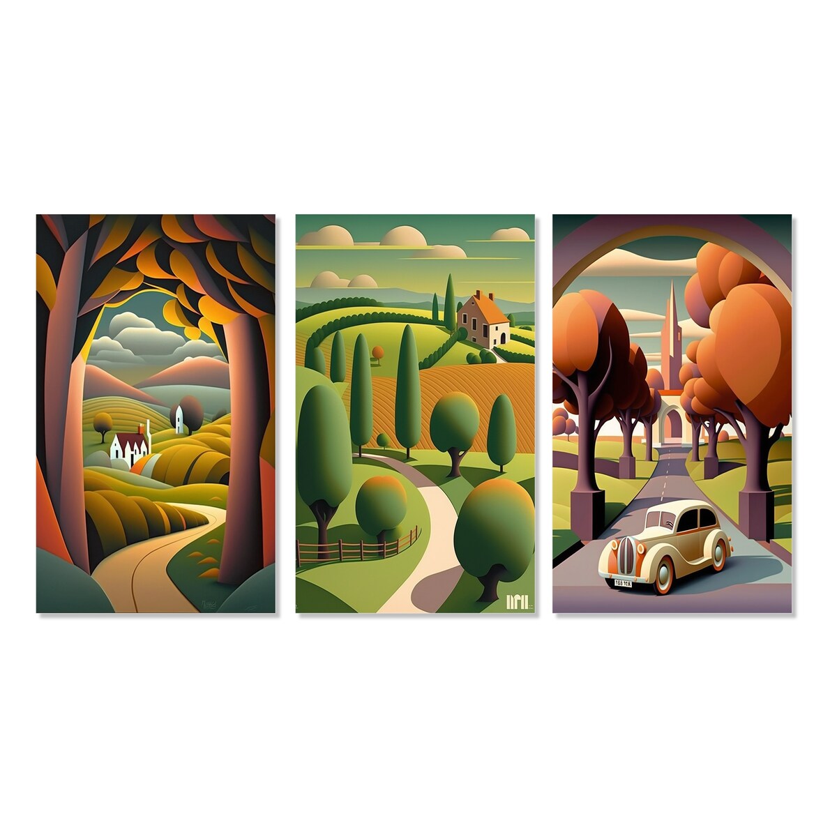 Designart "Abstract Landscape Of Road To Rustic Mountains I" Abstract Landscape Orange Printed Art Set Of 3 For Bedroom