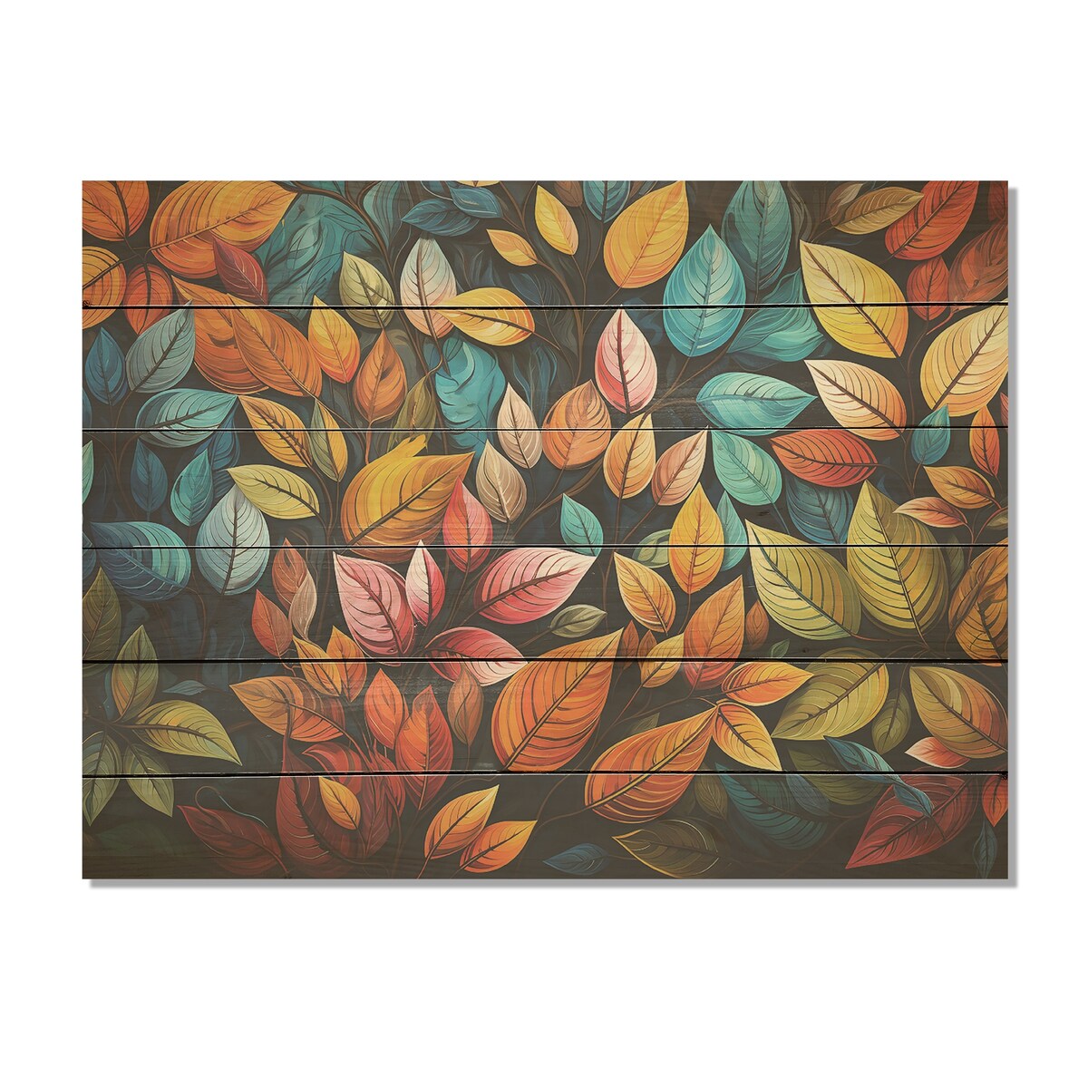 Designart "Abstract Leaves Wilderness Collage I" Leaves Wood Wall Decor - Multicolor Wood Panel On Natural Pine Wood