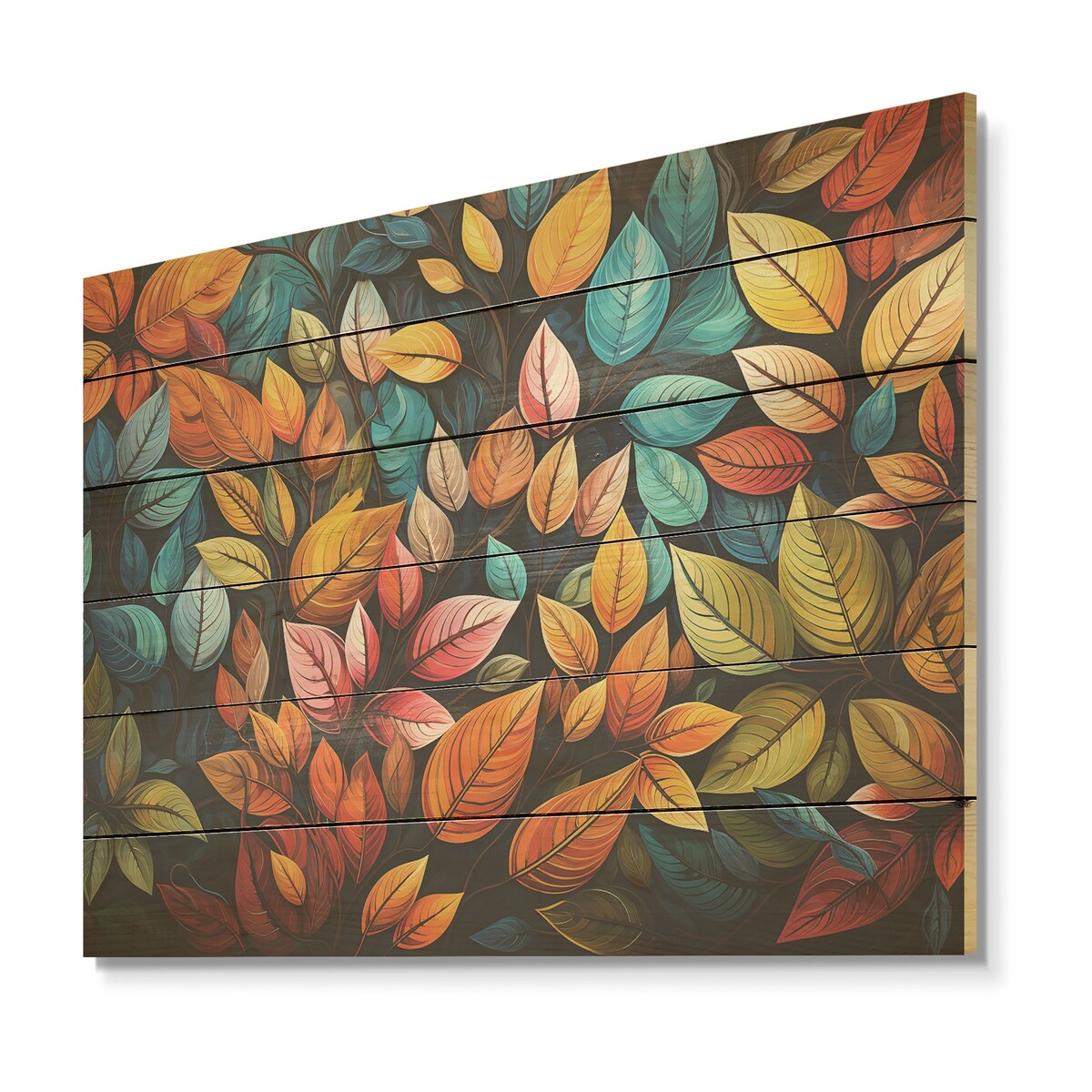 Designart "Abstract Leaves Wilderness Collage I" Leaves Wood Wall Decor - Multicolor Wood Panel On Natural Pine Wood