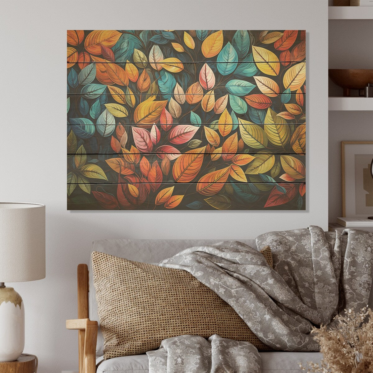 Designart "Abstract Leaves Wilderness Collage I" Leaves Wood Wall Decor - Multicolor Wood Panel On Natural Pine Wood