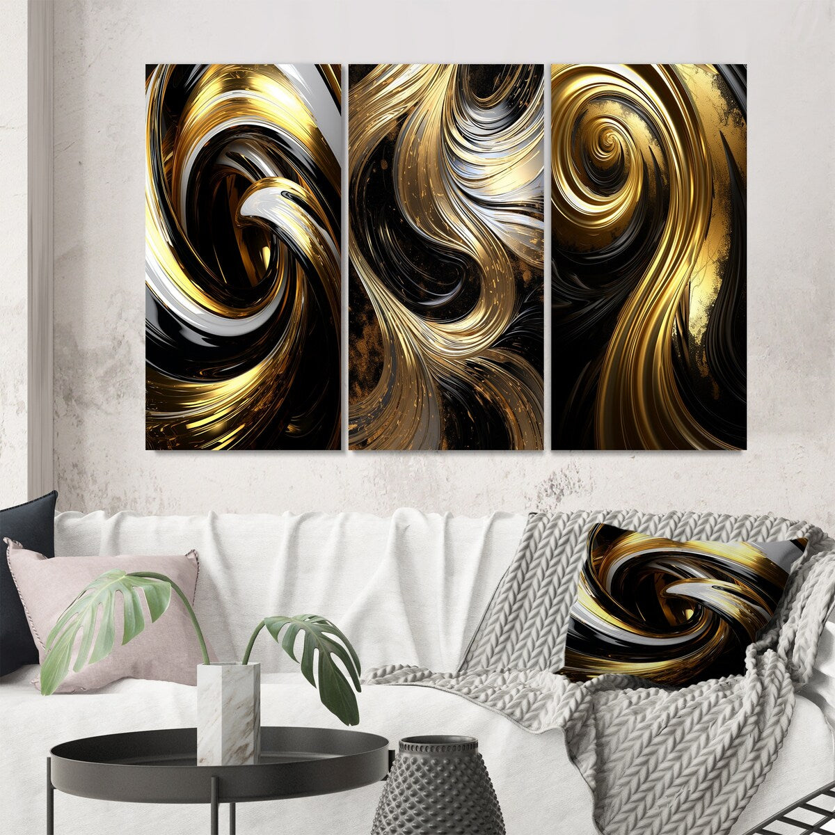 Designart "Abstract Liquid Gold And Black Swirl IV" Abstract Spirals Gold - Printed Art Set Of 3 For Bedroom