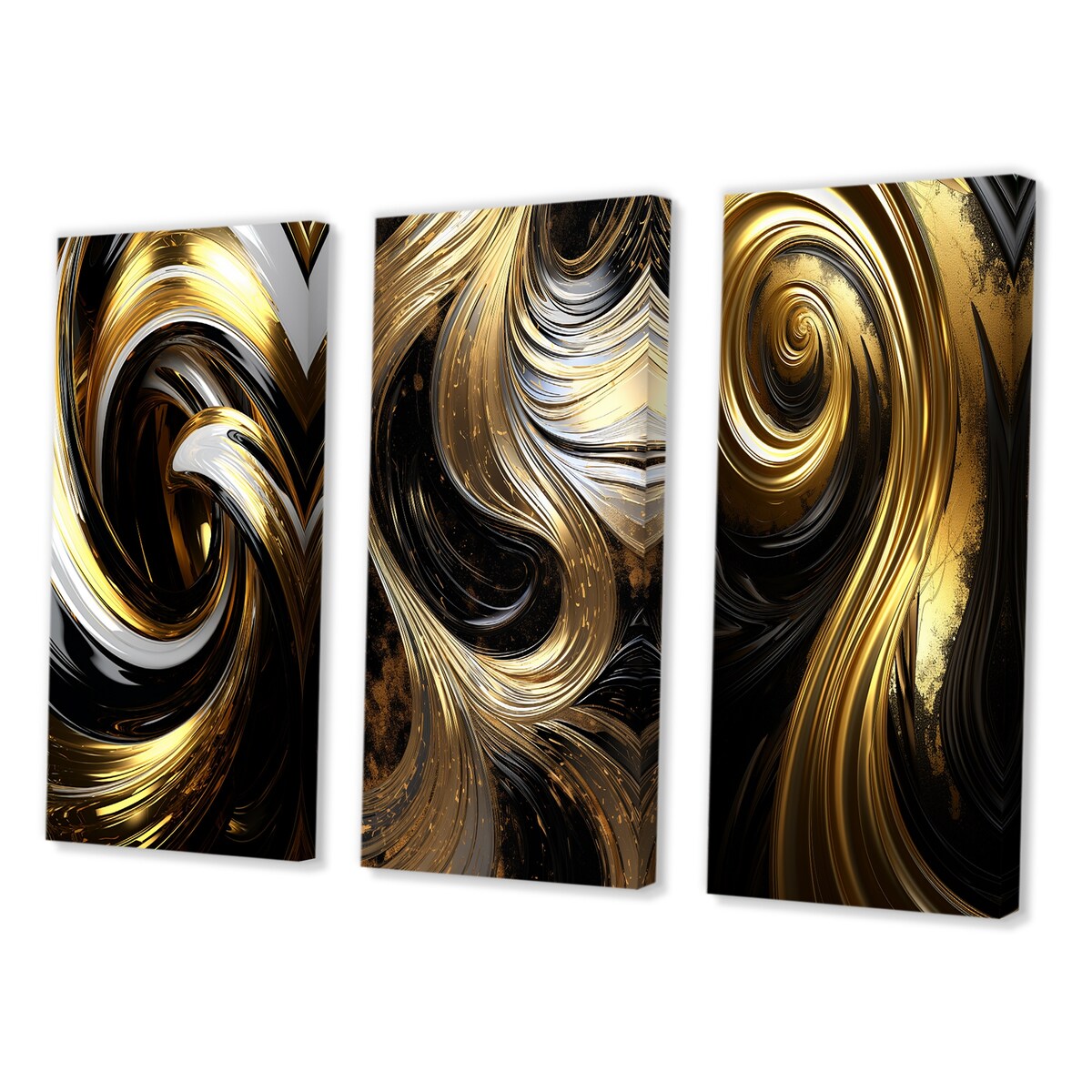 Designart "Abstract Liquid Gold And Black Swirl IV" Abstract Spirals Gold - Printed Art Set Of 3 For Bedroom