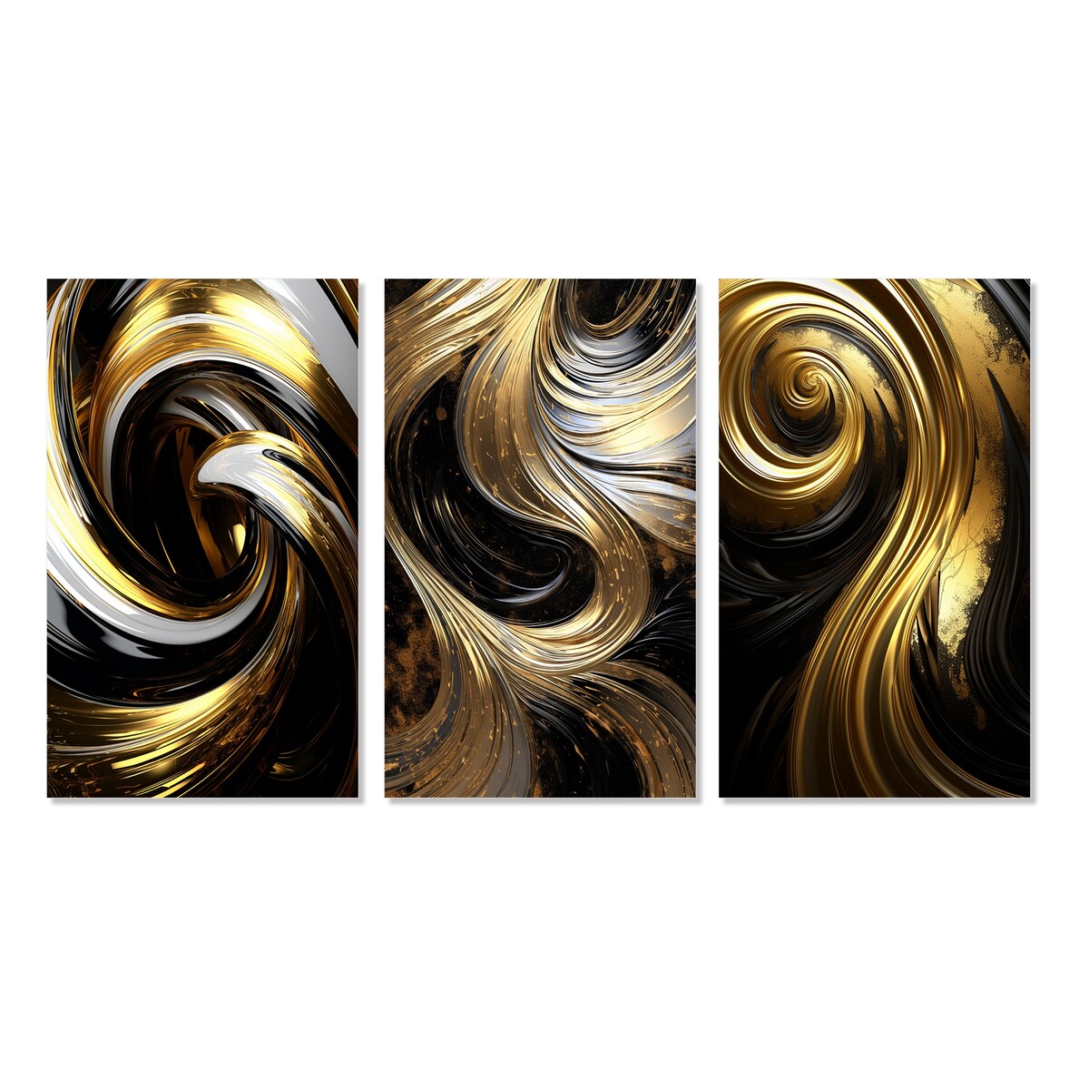 Designart "Abstract Liquid Gold And Black Swirl IV" Abstract Spirals Gold - Printed Art Set Of 3 For Bedroom