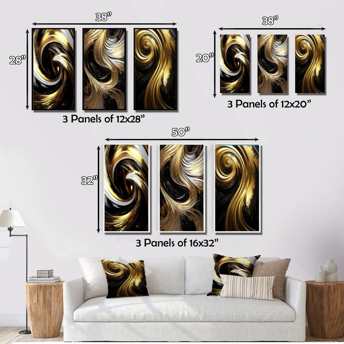 Designart "Abstract Liquid Gold And Black Swirl IV" Abstract Spirals Gold - Printed Art Set Of 3 For Bedroom