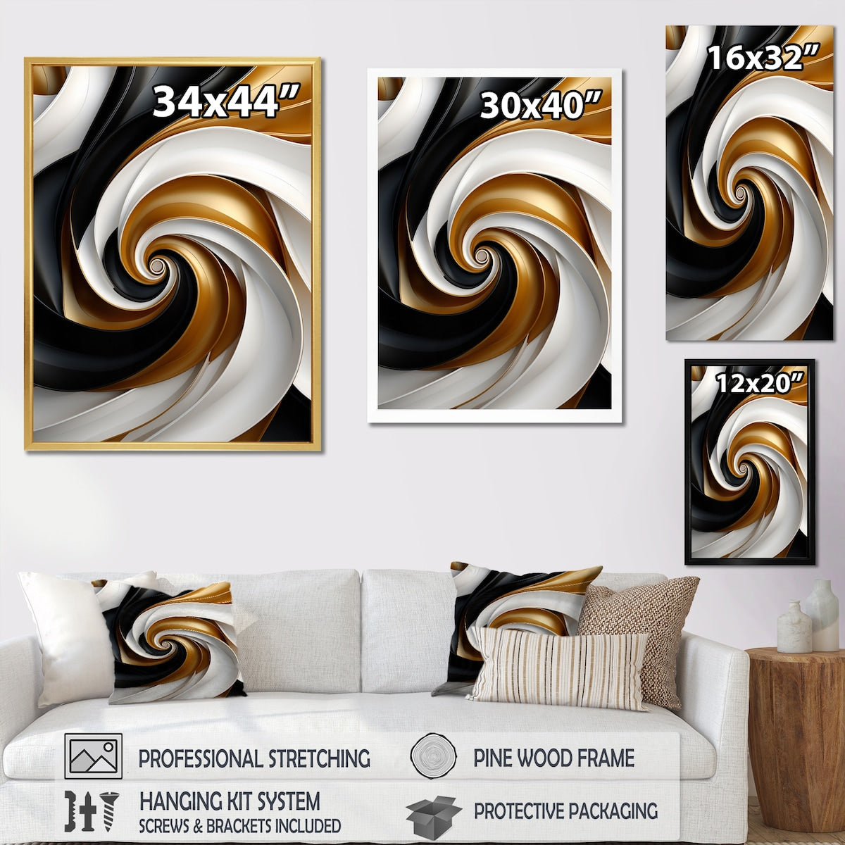Designart "Abstract Liquid Gold Black Double Spiral Swirl" Abstract Spirals Framed Wall Art Prints