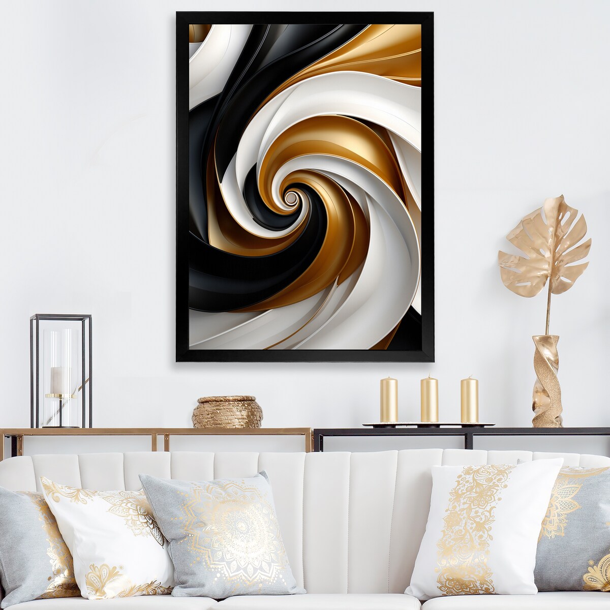 Designart "Abstract Liquid Gold Black Double Spiral Swirl" Abstract Spirals Framed Wall Art Prints